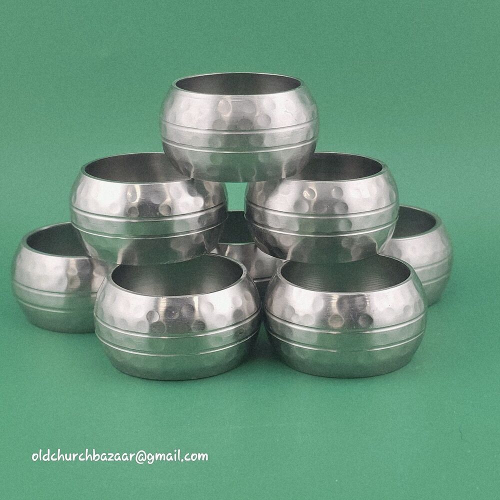 Silver-tone Hand Hammered Look Metal Stainless Napkin Rings Set Of 8